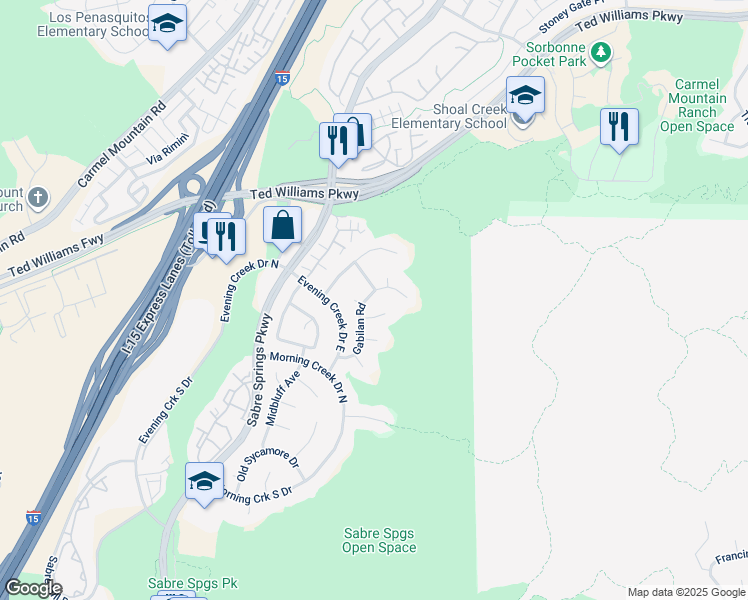 map of restaurants, bars, coffee shops, grocery stores, and more near 13313 Gabilan Road in San Diego