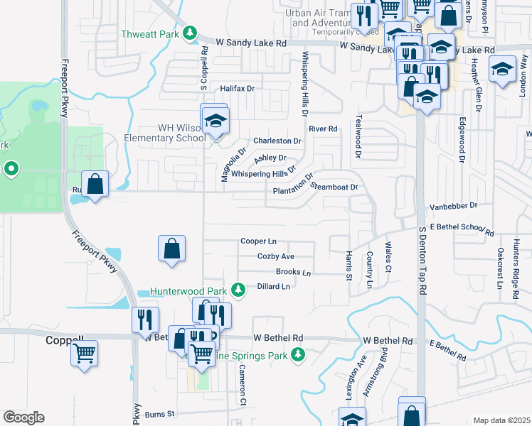map of restaurants, bars, coffee shops, grocery stores, and more near 407 Spanish Moss Court in Coppell