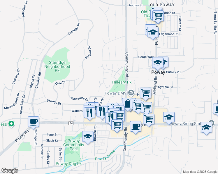 map of restaurants, bars, coffee shops, grocery stores, and more near 13544 Comuna Drive in Poway