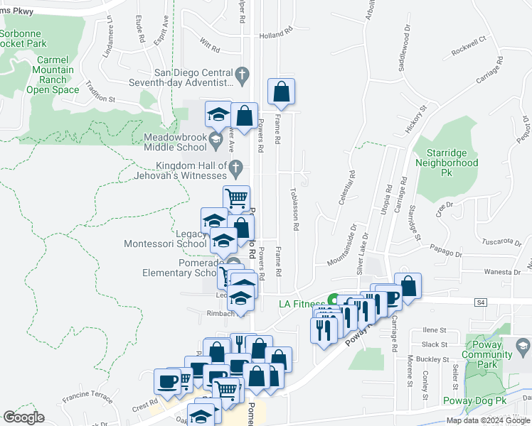 map of restaurants, bars, coffee shops, grocery stores, and more near 13607 Powers Road in Poway