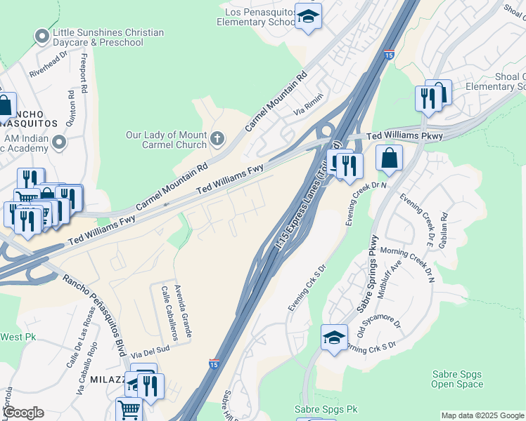 map of restaurants, bars, coffee shops, grocery stores, and more near 10337 Azuaga Street in San Diego