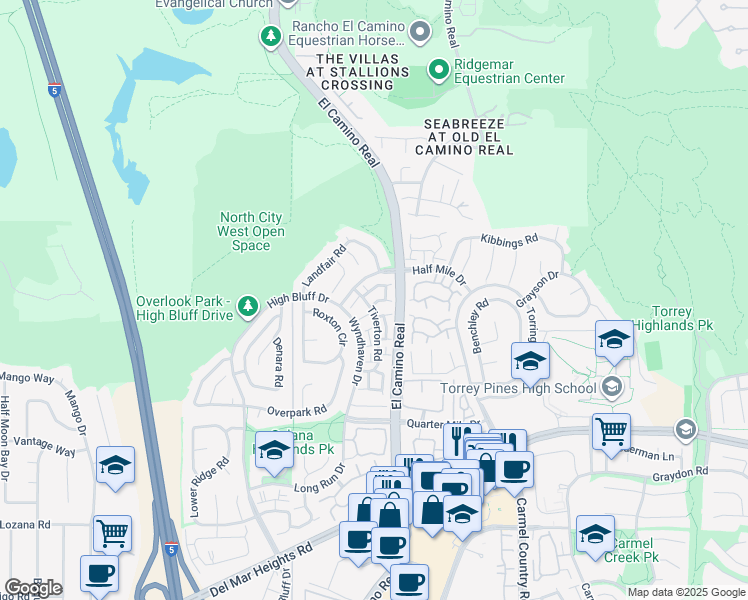 map of restaurants, bars, coffee shops, grocery stores, and more near 13565 Tiverton Road in San Diego