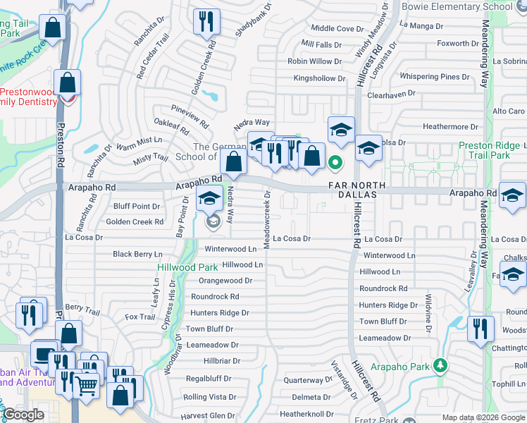 map of restaurants, bars, coffee shops, grocery stores, and more near 5400-5410 Meadowcreek Drive in Dallas