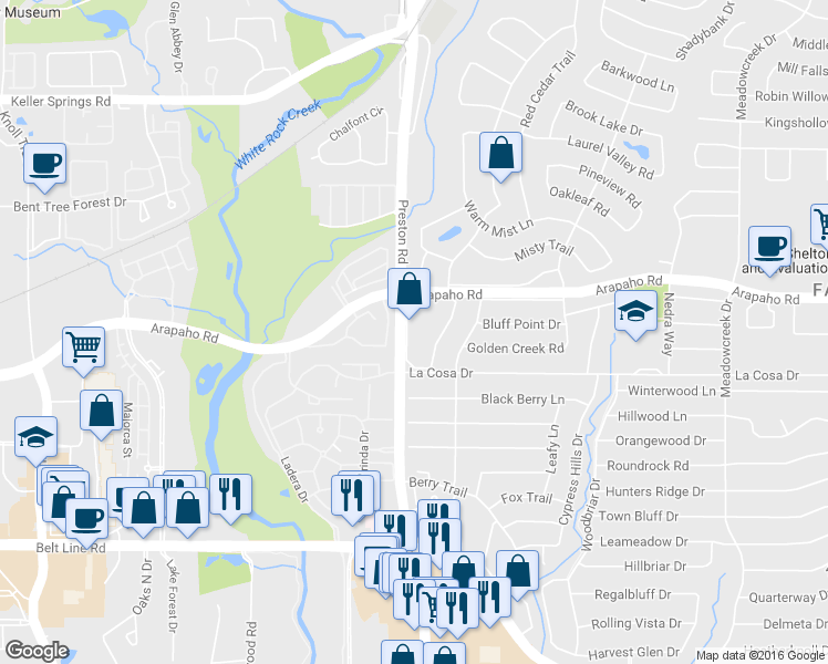 map of restaurants, bars, coffee shops, grocery stores, and more near 15624 Wing Point Dr in Dallas