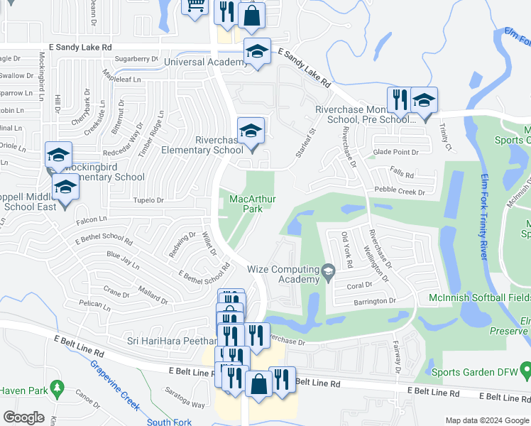 map of restaurants, bars, coffee shops, grocery stores, and more near 50 Bethel School Court in Coppell