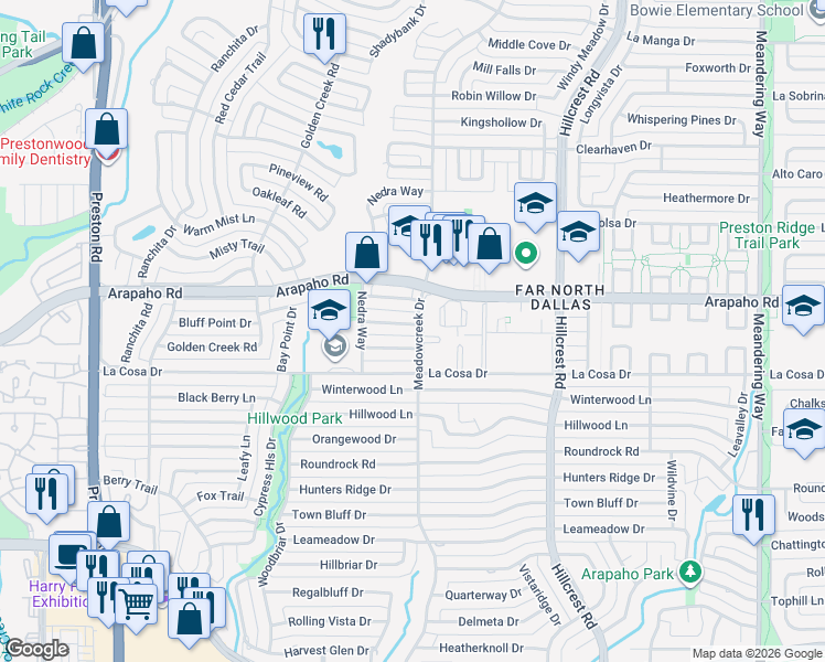 map of restaurants, bars, coffee shops, grocery stores, and more near 6636 Warm Breeze Lane in Dallas