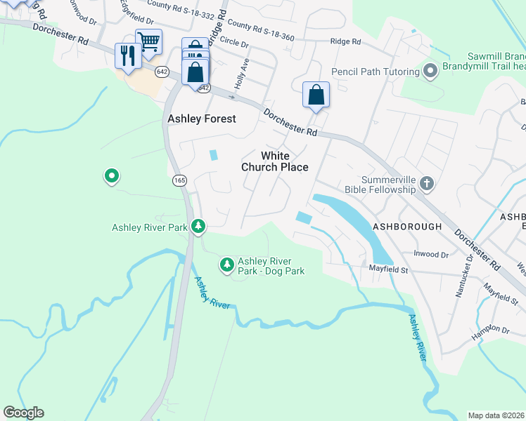 map of restaurants, bars, coffee shops, grocery stores, and more near 107 Pryors Lane in Summerville