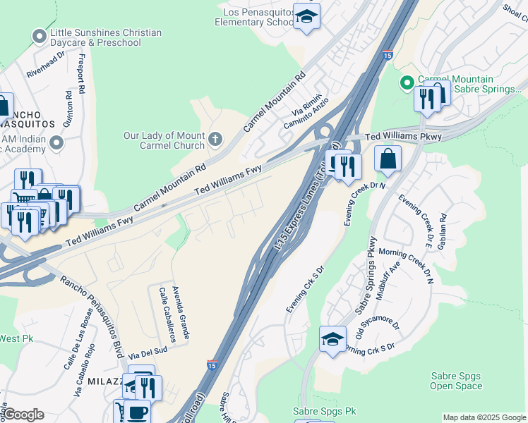 map of restaurants, bars, coffee shops, grocery stores, and more near 10361 Azuaga Street in San Diego