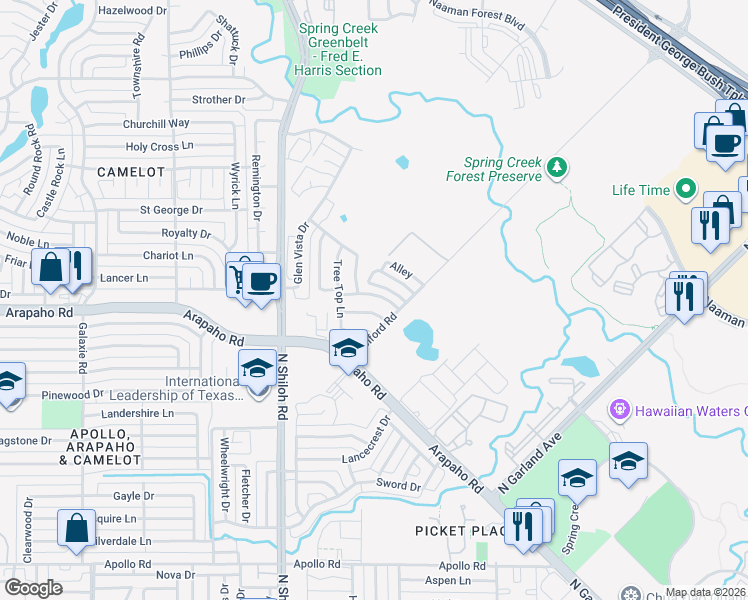 map of restaurants, bars, coffee shops, grocery stores, and more near 2134 Glen Heights Drive in Garland