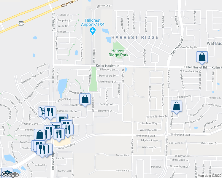 map of restaurants, bars, coffee shops, grocery stores, and more near 12829 Old Macgregor Lane in Fort Worth