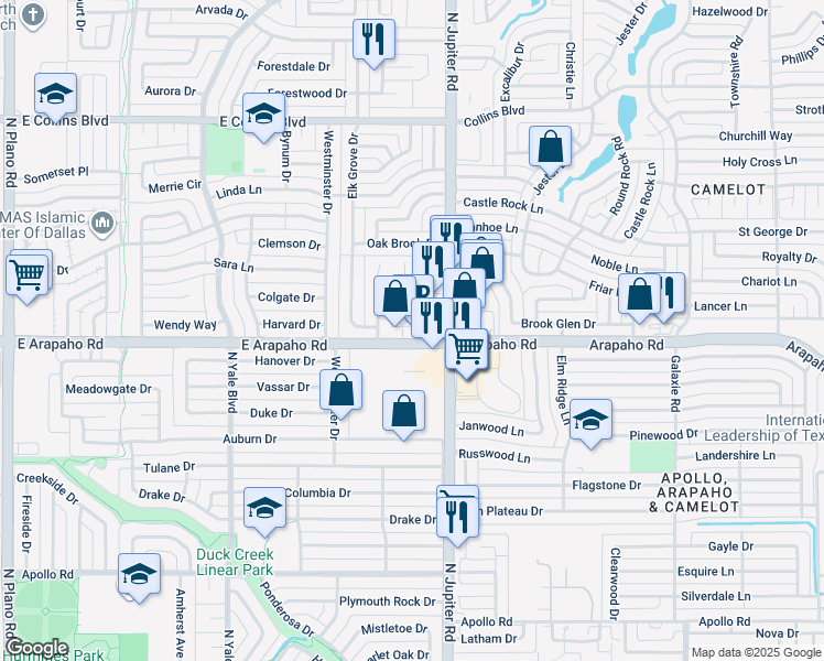 map of restaurants, bars, coffee shops, grocery stores, and more near 2141 East Arapaho Road in Richardson