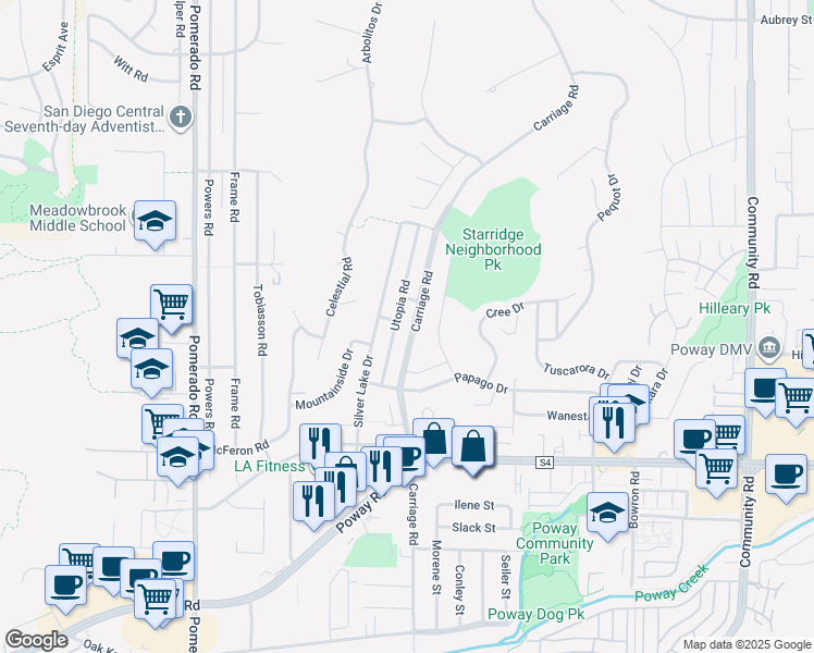map of restaurants, bars, coffee shops, grocery stores, and more near 13520 Carriage Road in Poway