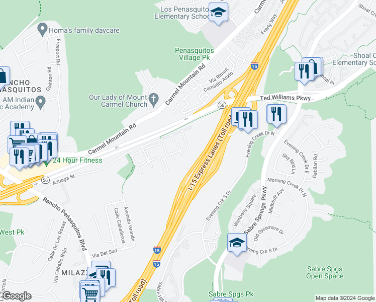 map of restaurants, bars, coffee shops, grocery stores, and more near 10359 Azuaga Street in San Diego