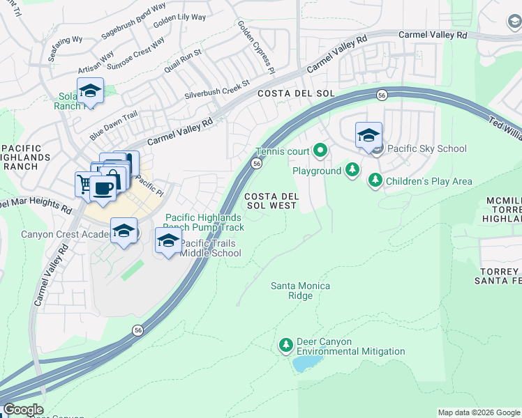 map of restaurants, bars, coffee shops, grocery stores, and more near 6340 Oleander Way in San Diego