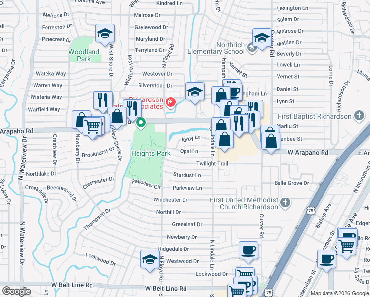 map of restaurants, bars, coffee shops, grocery stores, and more near 618 Opal Lane in Richardson