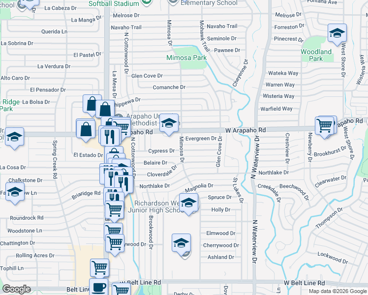 map of restaurants, bars, coffee shops, grocery stores, and more near 1240 Cypress Dr in Richardson