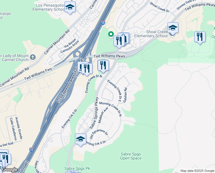 map of restaurants, bars, coffee shops, grocery stores, and more near 13461 Cool Lake Way in San Diego