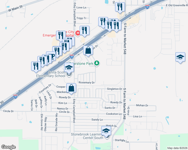 map of restaurants, bars, coffee shops, grocery stores, and more near 1405 Evergreen Street in Royse City
