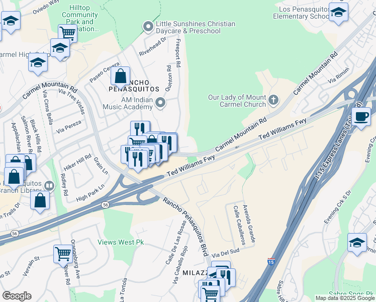 map of restaurants, bars, coffee shops, grocery stores, and more near 10131 Freeport Court in San Diego