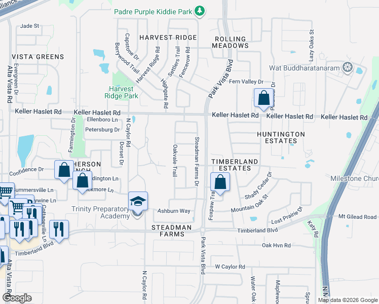 map of restaurants, bars, coffee shops, grocery stores, and more near 4325 Oak Chase Drive in Keller