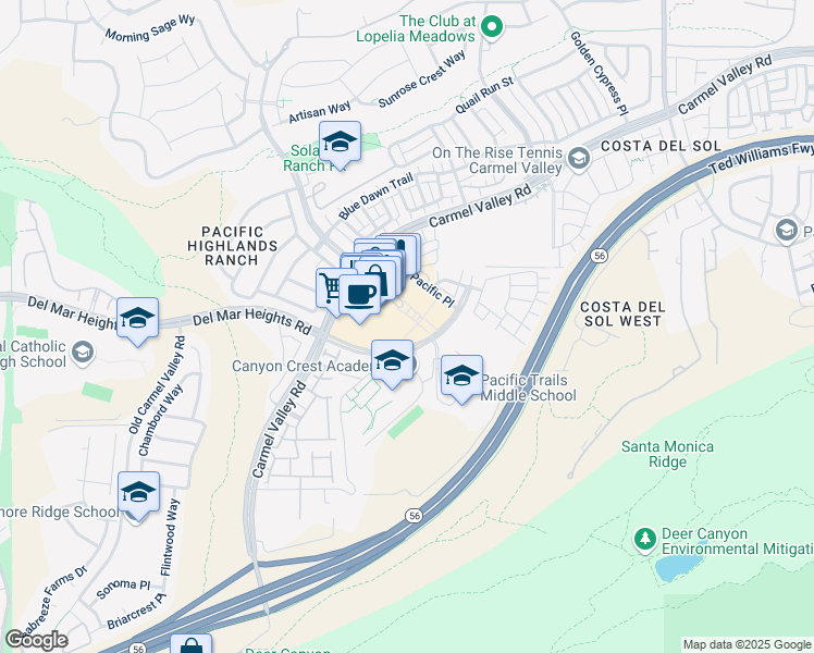 map of restaurants, bars, coffee shops, grocery stores, and more near 13385 Highlands Place in San Diego