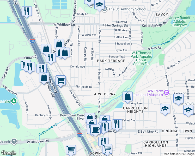 map of restaurants, bars, coffee shops, grocery stores, and more near 1615 North Denton Drive in Carrollton