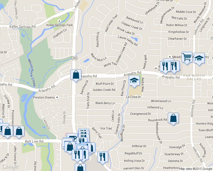 map of restaurants, bars, coffee shops, grocery stores, and more near 6132 Bluff Point Dr in Dallas