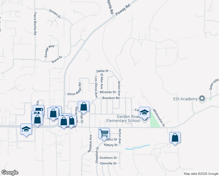 map of restaurants, bars, coffee shops, grocery stores, and more near 13519 Del Marino Avenue in Poway