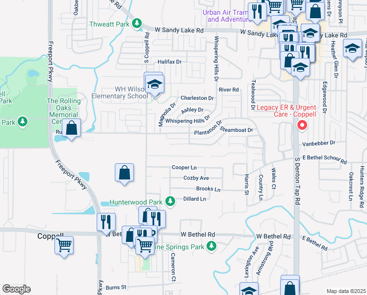 map of restaurants, bars, coffee shops, grocery stores, and more near 407 Spanish Moss Court in Coppell
