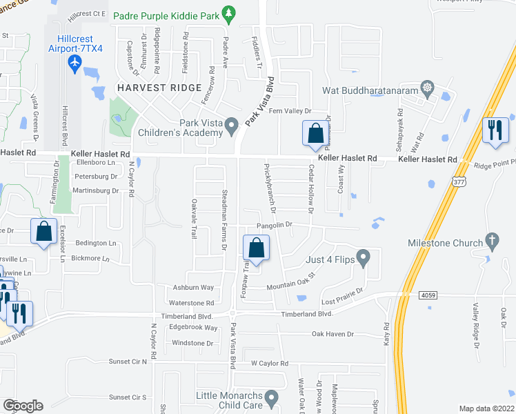 map of restaurants, bars, coffee shops, grocery stores, and more near 12828 Mourning Dove Lane in Fort Worth