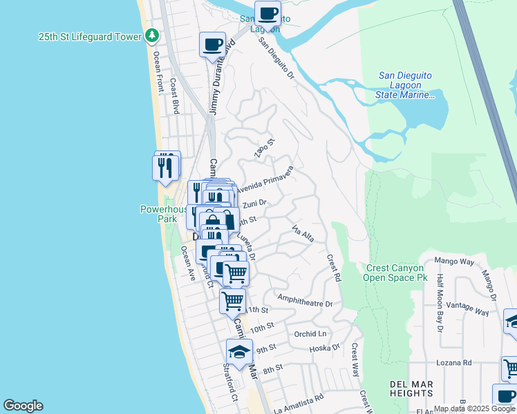 map of restaurants, bars, coffee shops, grocery stores, and more near 469 Zuni Drive in Del Mar
