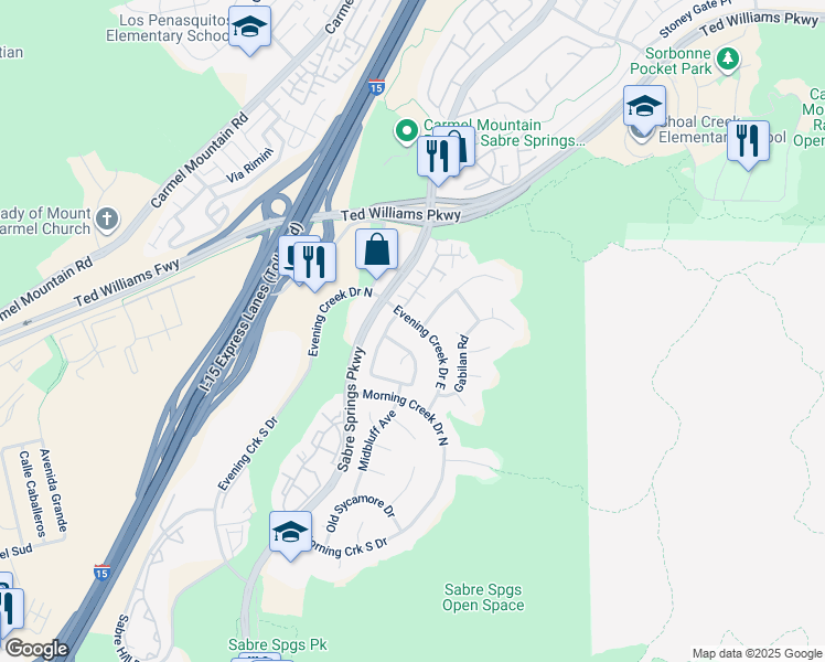 map of restaurants, bars, coffee shops, grocery stores, and more near 10945 Evening Creek Drive East in San Diego