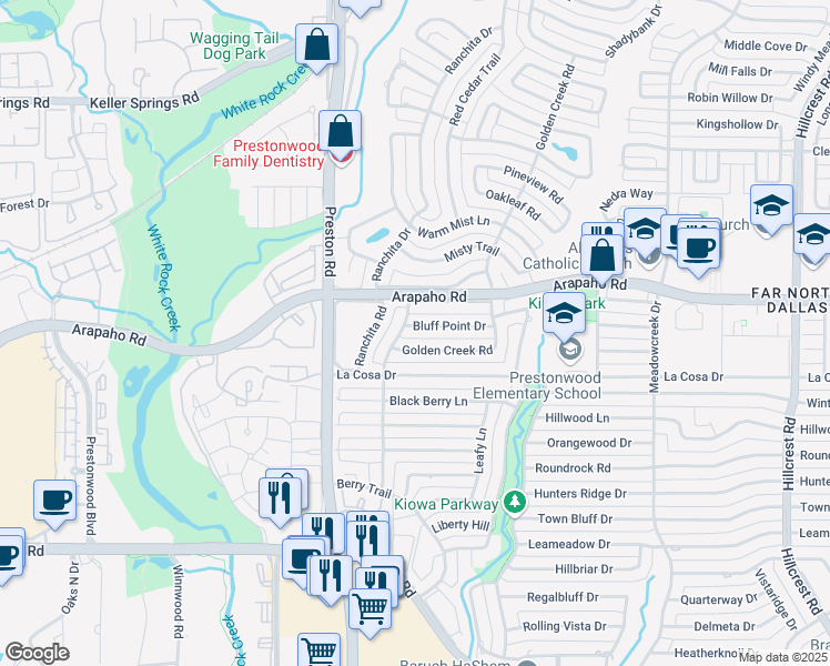 map of restaurants, bars, coffee shops, grocery stores, and more near 6108 Bluff Point Dr in Dallas