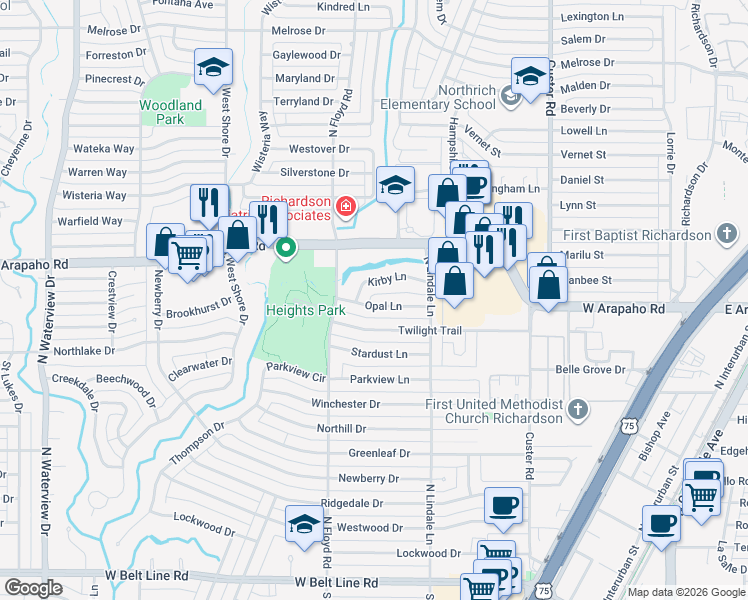 map of restaurants, bars, coffee shops, grocery stores, and more near 618 Opal Lane in Richardson