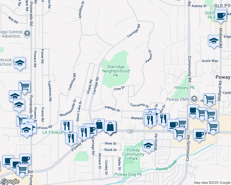 map of restaurants, bars, coffee shops, grocery stores, and more near 12939 Cree Court in Poway