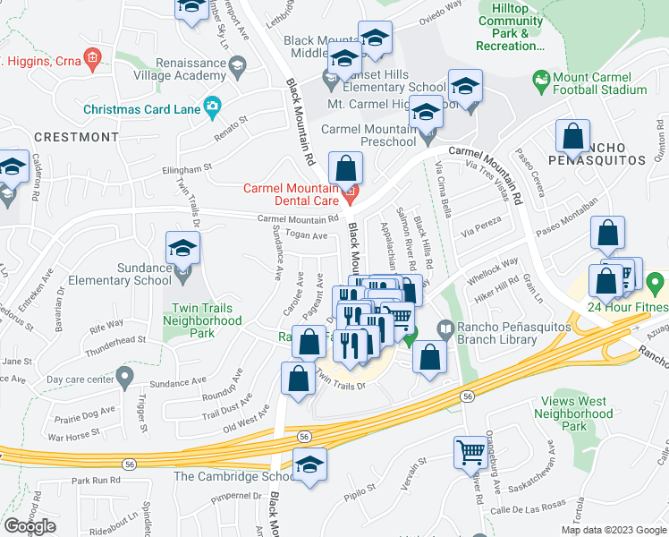 map of restaurants, bars, coffee shops, grocery stores, and more near 13282 Deron Avenue in San Diego