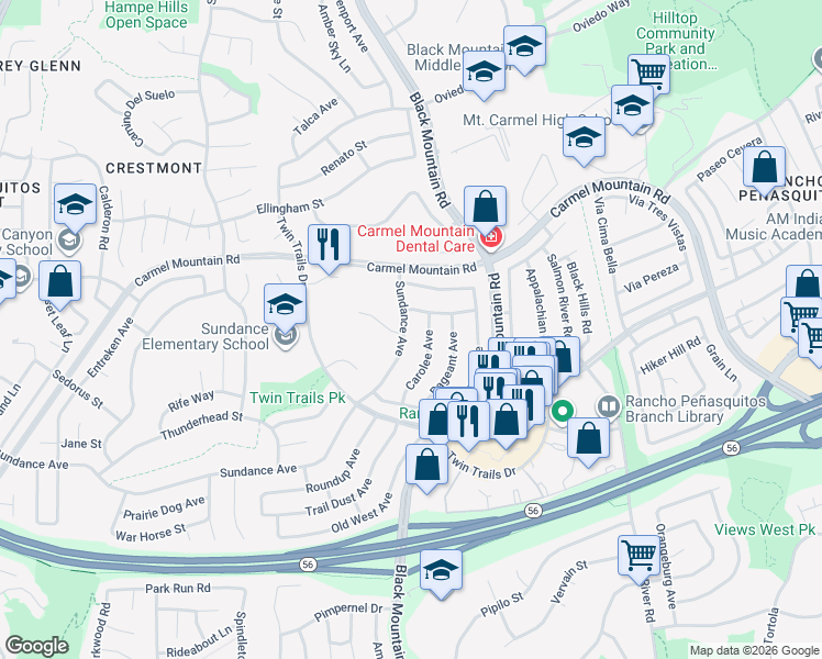 map of restaurants, bars, coffee shops, grocery stores, and more near 13228 Carolee Avenue in San Diego