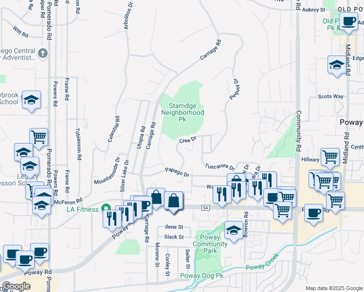 map of restaurants, bars, coffee shops, grocery stores, and more near 12939 Cree Court in Poway