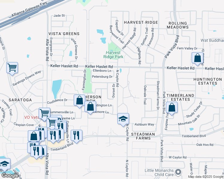map of restaurants, bars, coffee shops, grocery stores, and more near 12833 Dorset Drive in Fort Worth