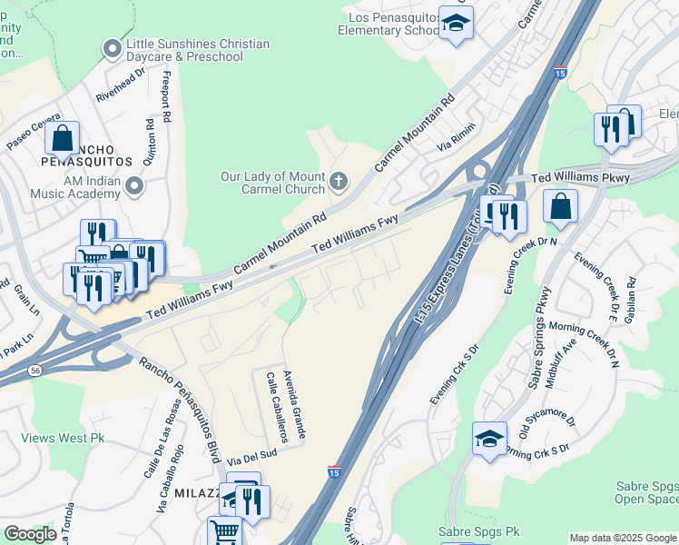 map of restaurants, bars, coffee shops, grocery stores, and more near 13327 Caminito Santo Tomas in Del Mar