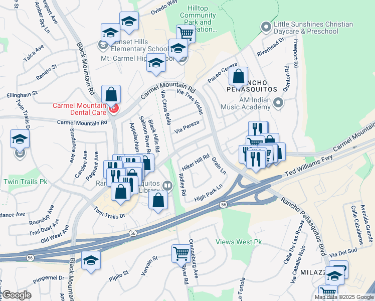 map of restaurants, bars, coffee shops, grocery stores, and more near 9530 Whellock Way in San Diego