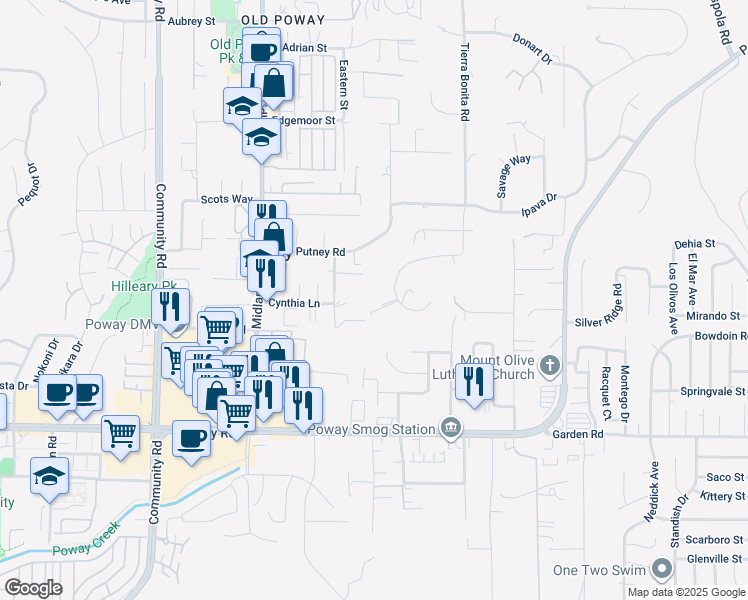 map of restaurants, bars, coffee shops, grocery stores, and more near 13643 Melissa Lane in Poway