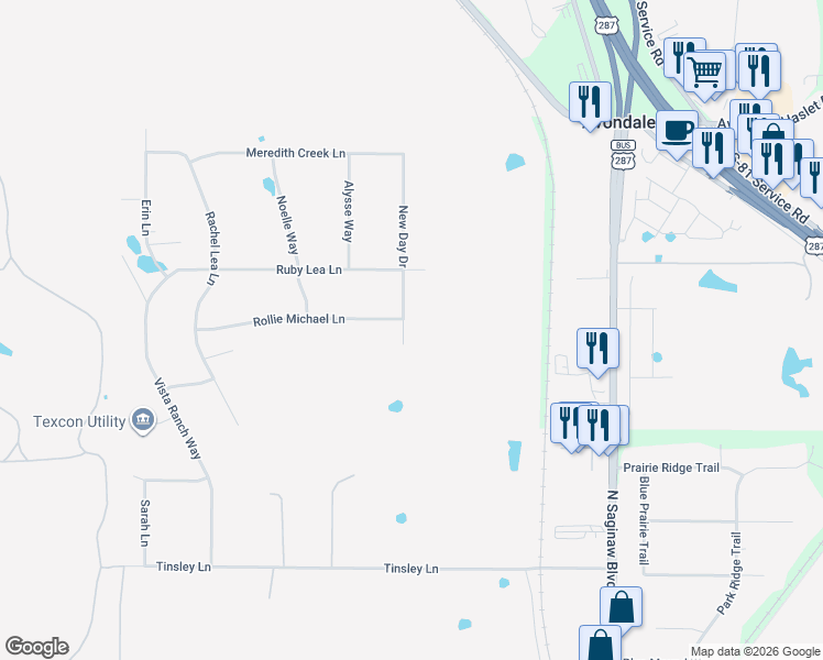 map of restaurants, bars, coffee shops, grocery stores, and more near 12024 New Day Drive in Fort Worth
