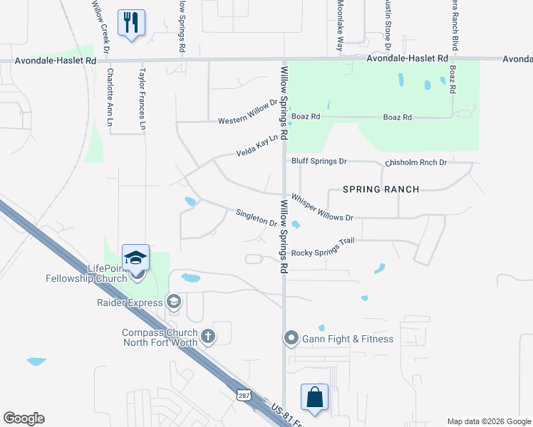 map of restaurants, bars, coffee shops, grocery stores, and more near 12800 Singleton Drive in Haslet
