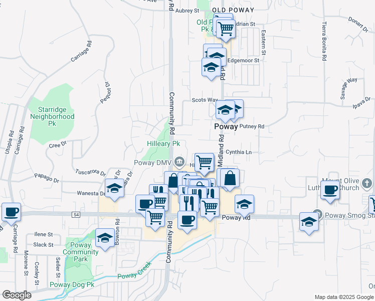 map of restaurants, bars, coffee shops, grocery stores, and more near 513-71 Hilleary Park Drive in Poway