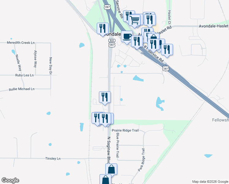 map of restaurants, bars, coffee shops, grocery stores, and more near 12775 North Saginaw Boulevard in Fort Worth