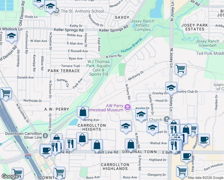 map of restaurants, bars, coffee shops, grocery stores, and more near 1609 Cecil Drive in Carrollton