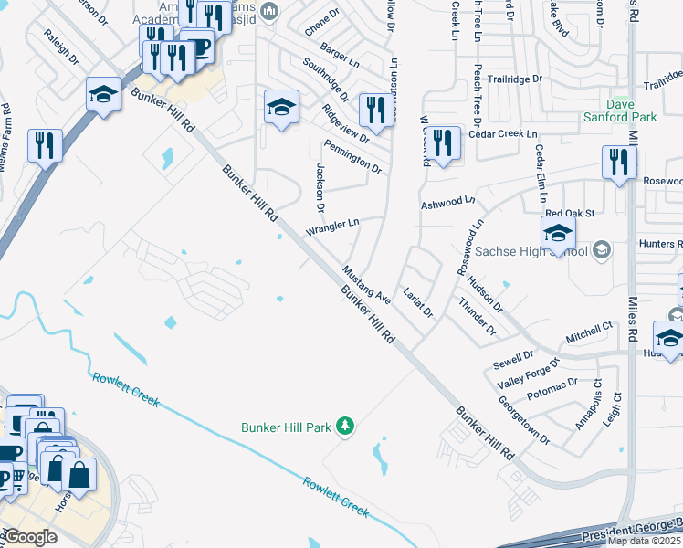 map of restaurants, bars, coffee shops, grocery stores, and more near 15 Mustang Avenue in Sachse