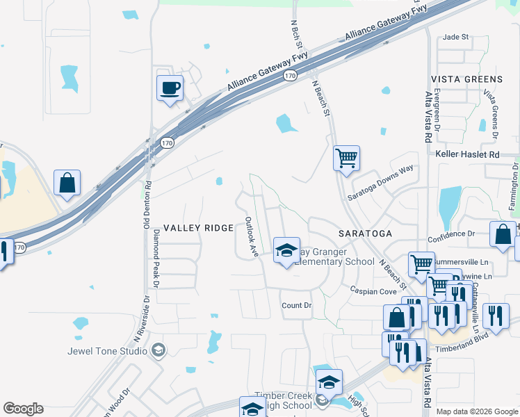 map of restaurants, bars, coffee shops, grocery stores, and more near 12801 Campolina Way in Fort Worth