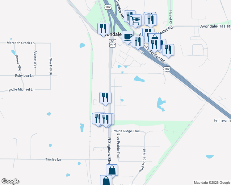 map of restaurants, bars, coffee shops, grocery stores, and more near 12775 North Saginaw Boulevard in Fort Worth